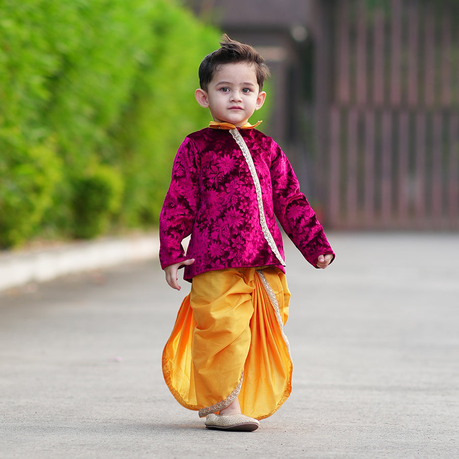 Magenta Velvet Jacket with Yellow Cotton Silk Dhoti