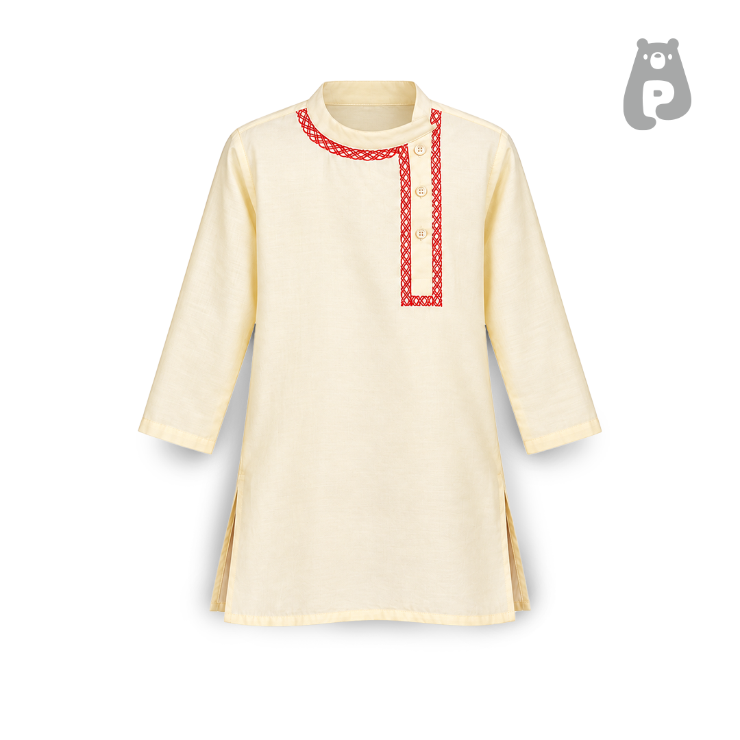 White Cotton Silk Kurta with Red Dhoti for Boys
