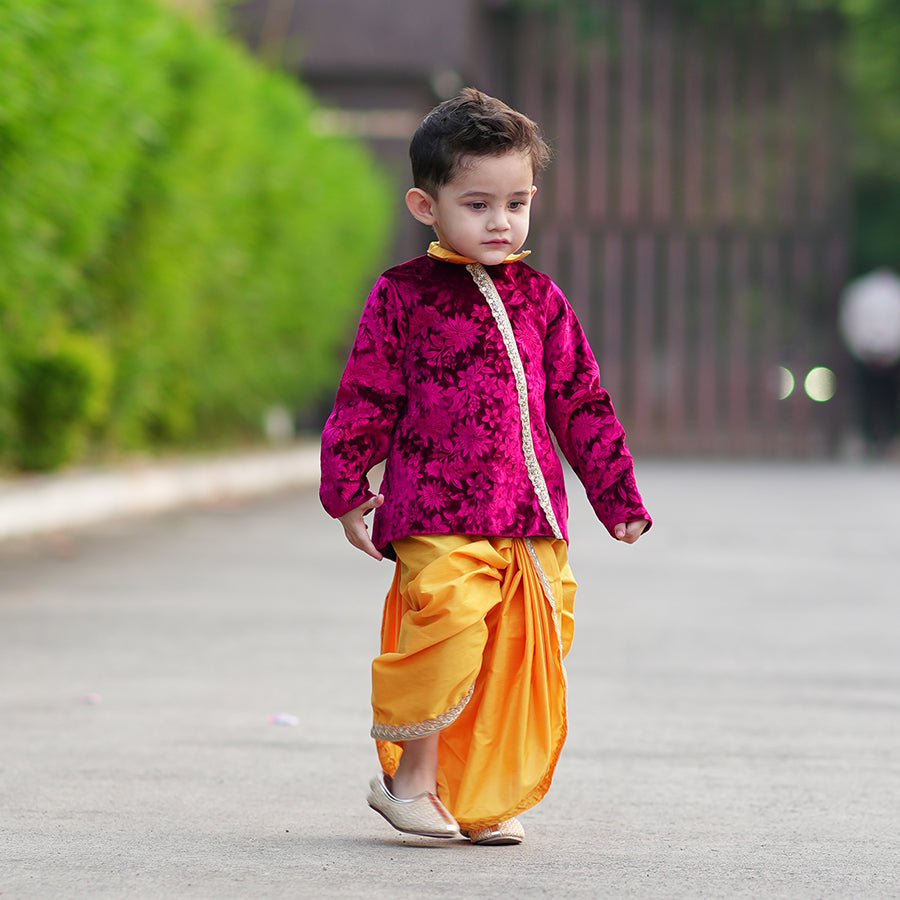 Magenta Velvet Jacket with Yellow Cotton Silk Dhoti