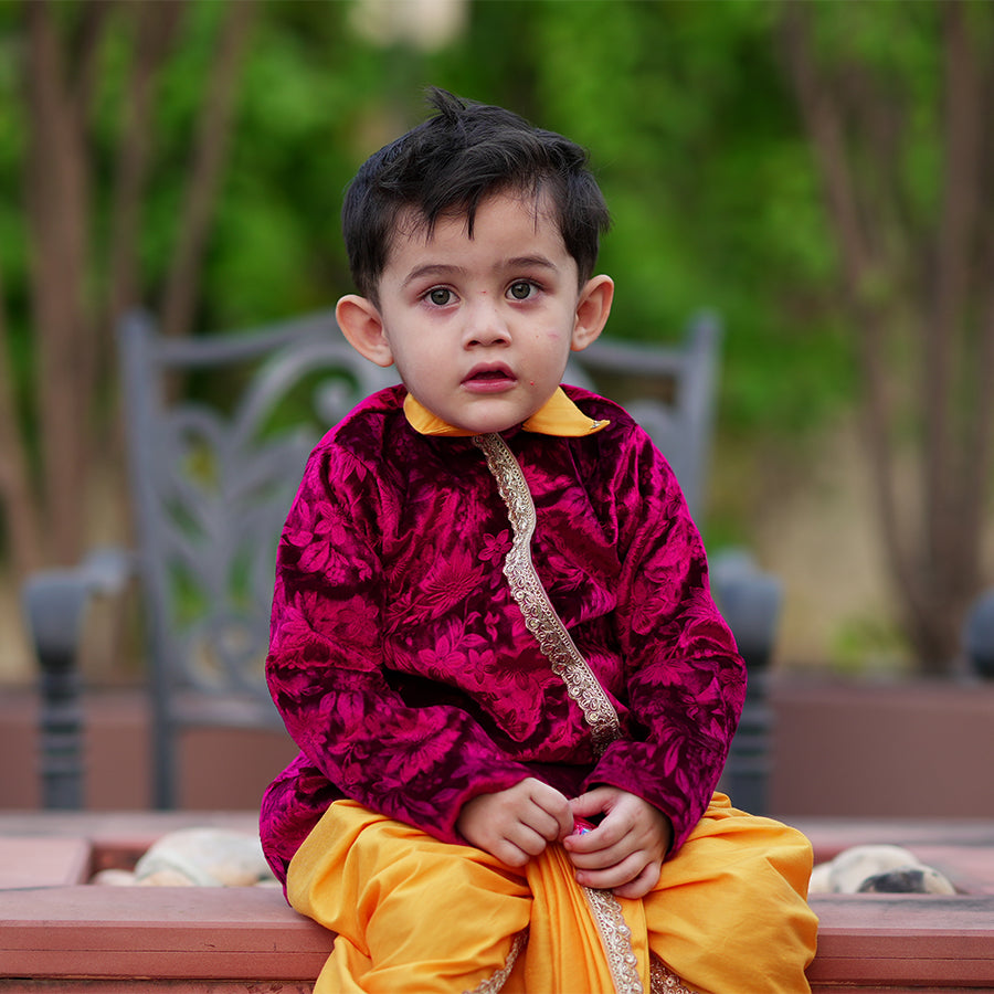 Magenta Velvet Jacket with Yellow Cotton Silk Dhoti