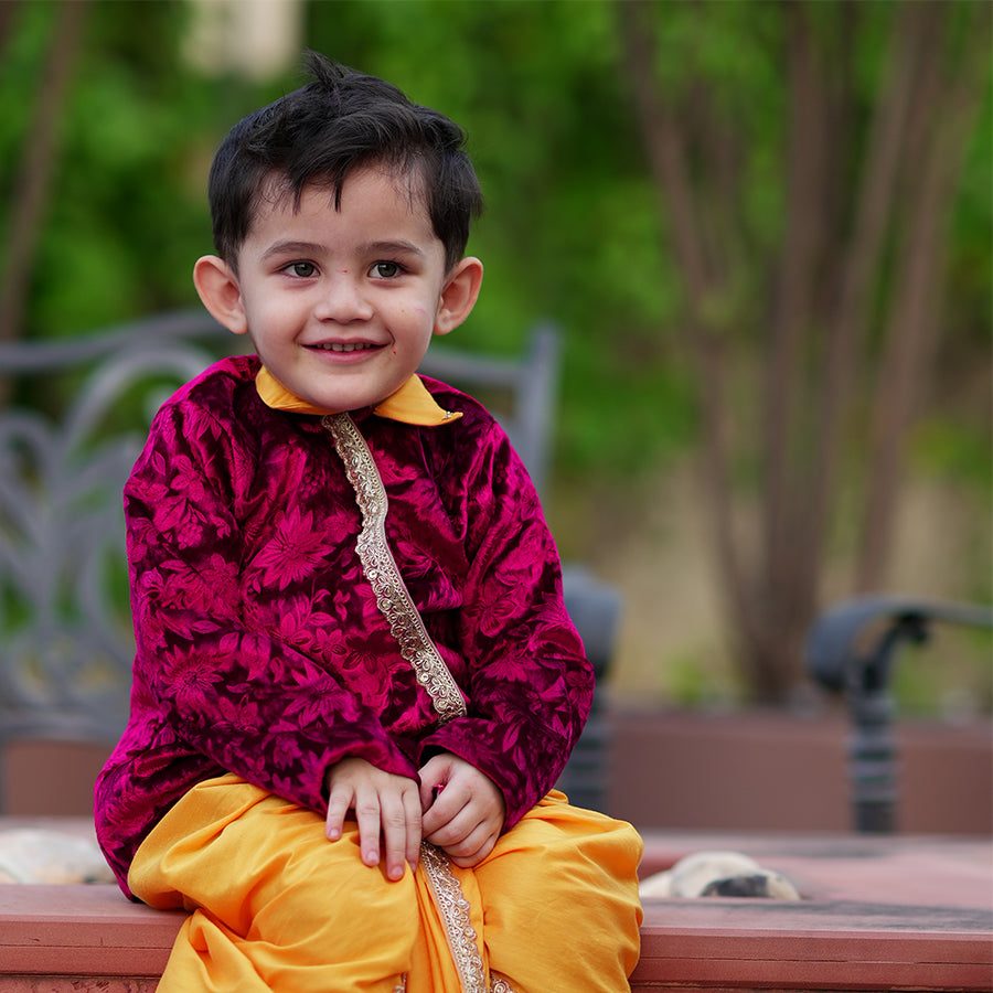 Magenta Velvet Jacket with Yellow Cotton Silk Dhoti