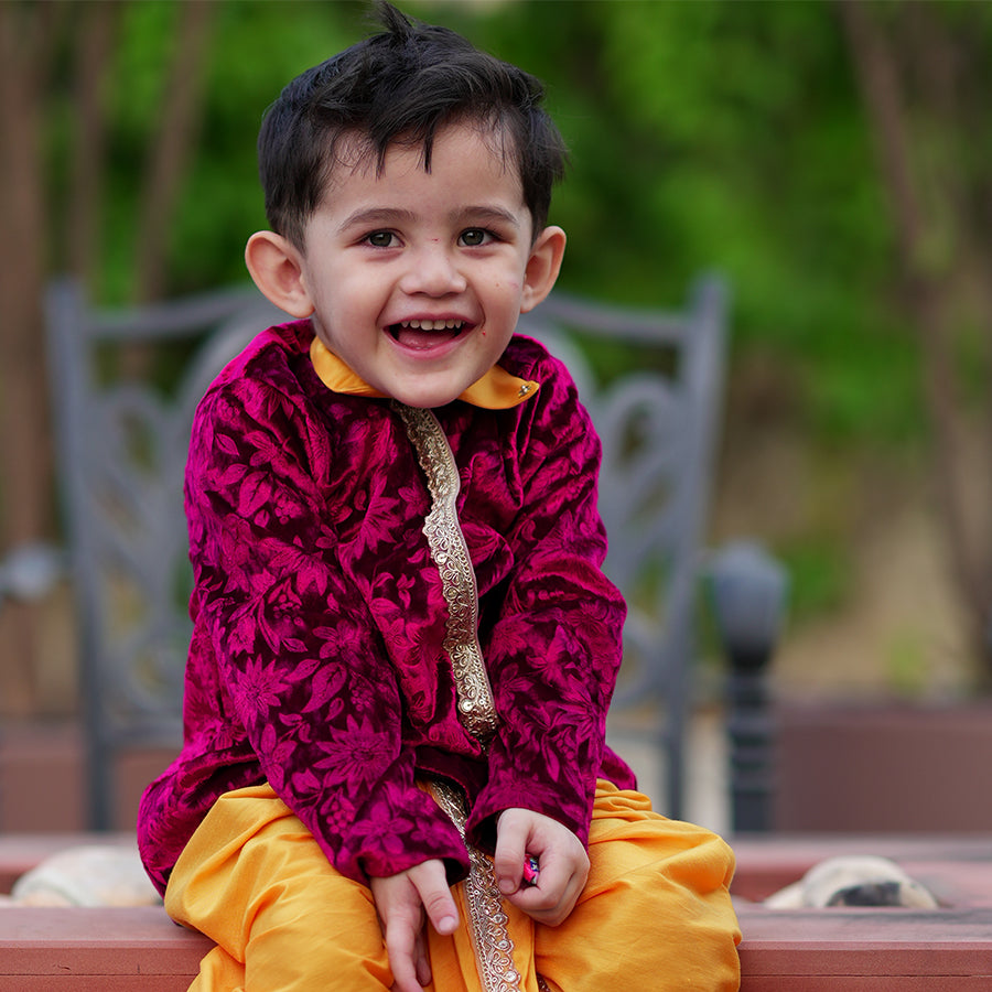 Magenta Velvet Jacket with Yellow Cotton Silk Dhoti