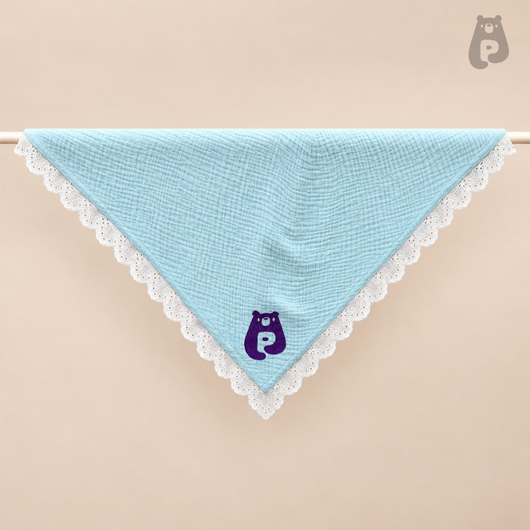 Baby Blue Cotton Baby Blanket with White Lace Border