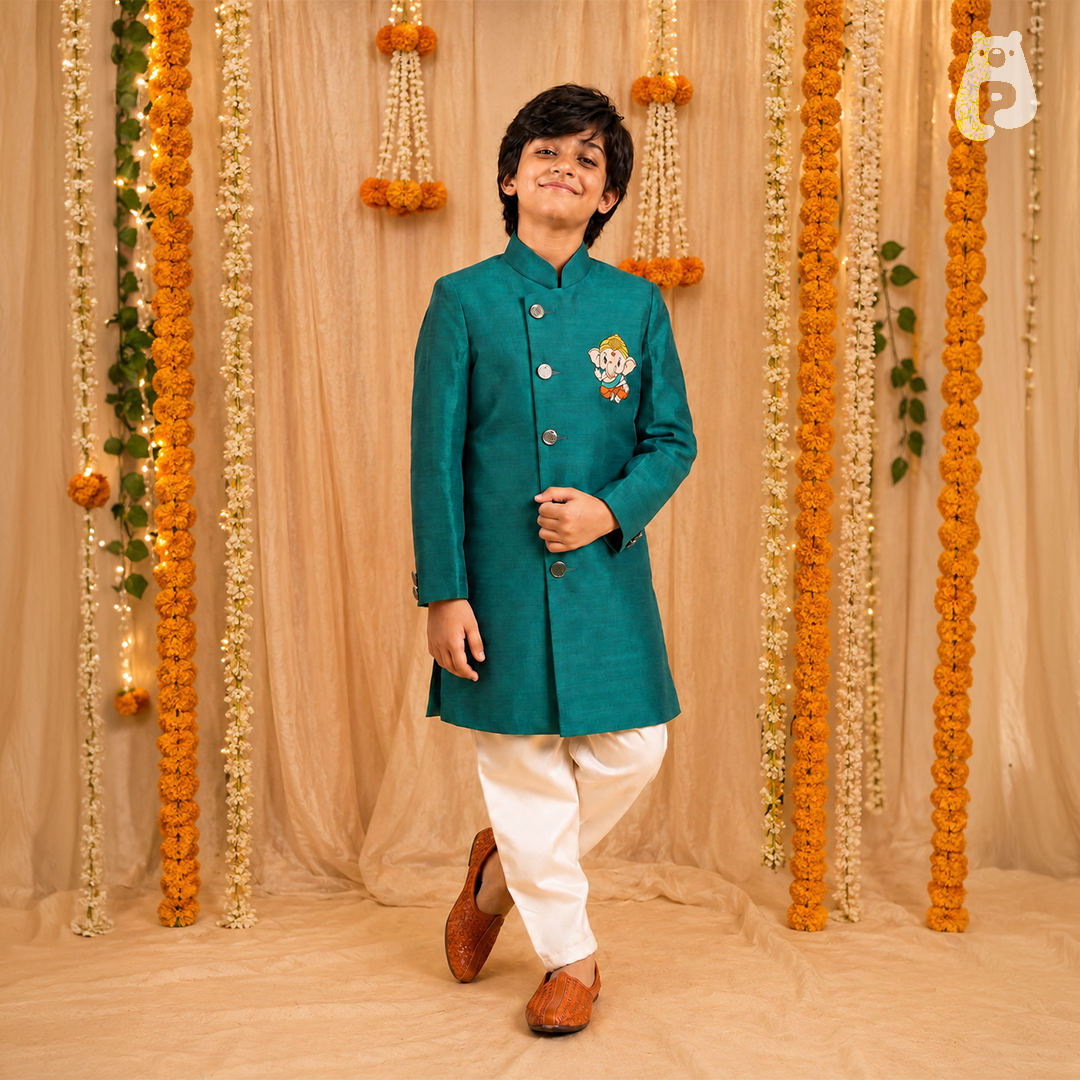 Boys Emerald Green Ganesh Embroidered Sherwani Set