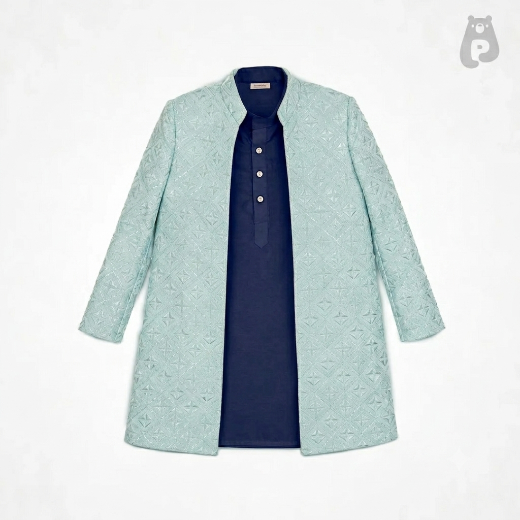 Boys Pastel Blue Asymmetrical Embroidered Kurta Set