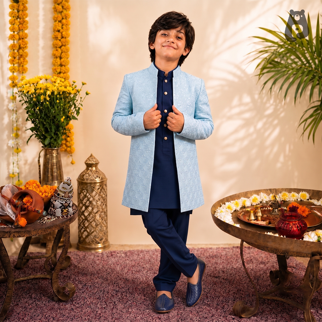 Boys Pastel Blue Asymmetrical Embroidered Kurta Set