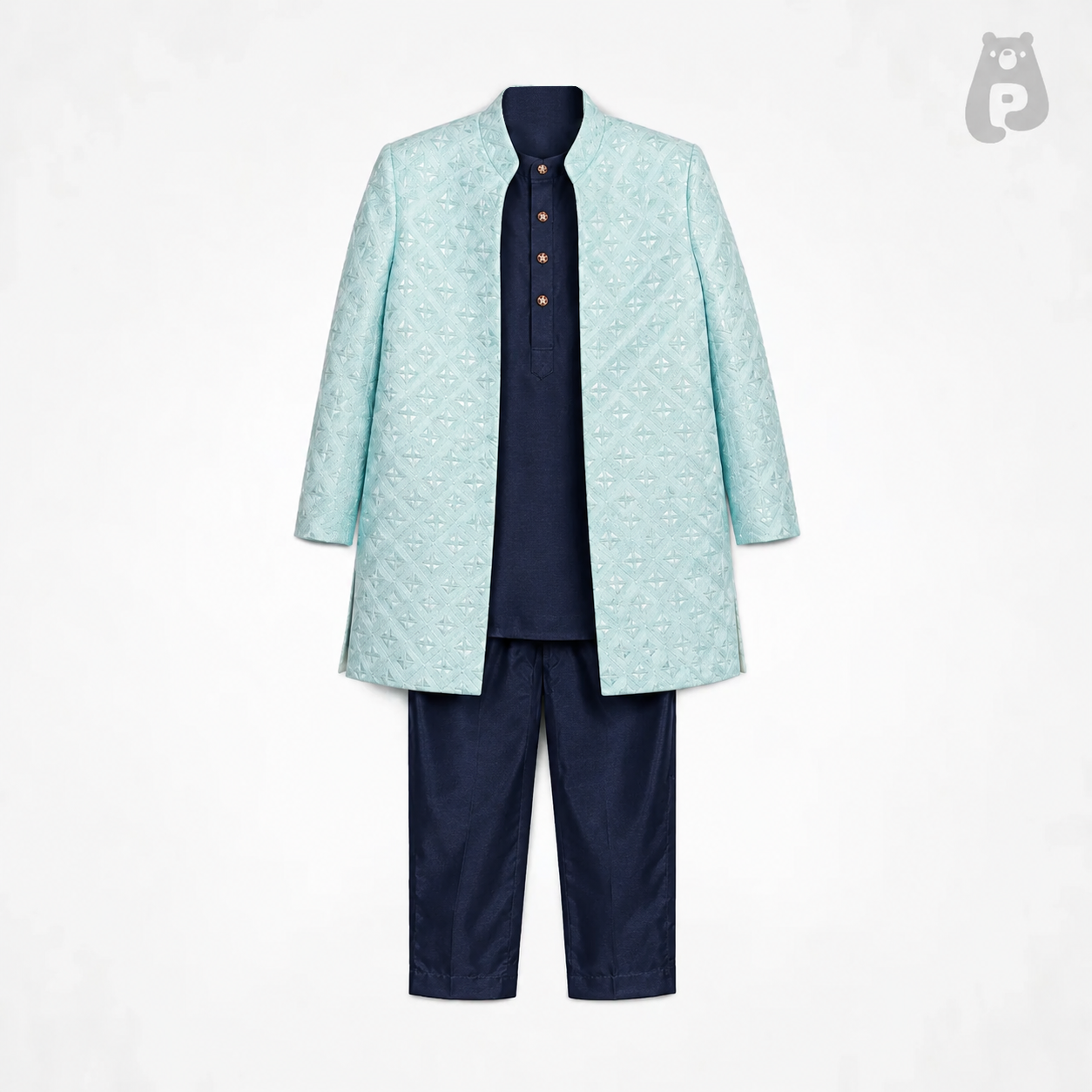 Boys Pastel Blue Asymmetrical Embroidered Kurta Set
