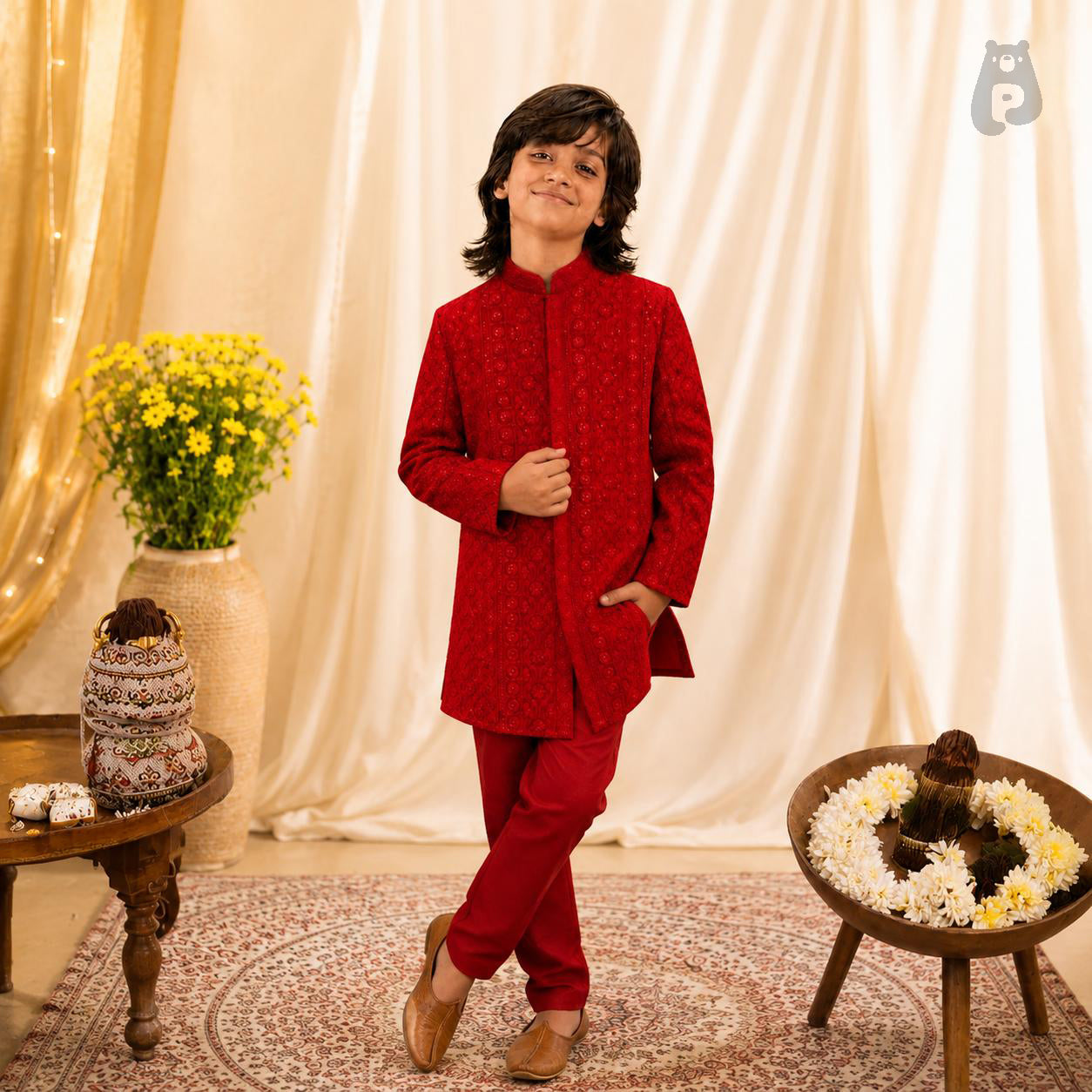 Boys Red Lucknowi Embroidered Janmashtami Kurta Set