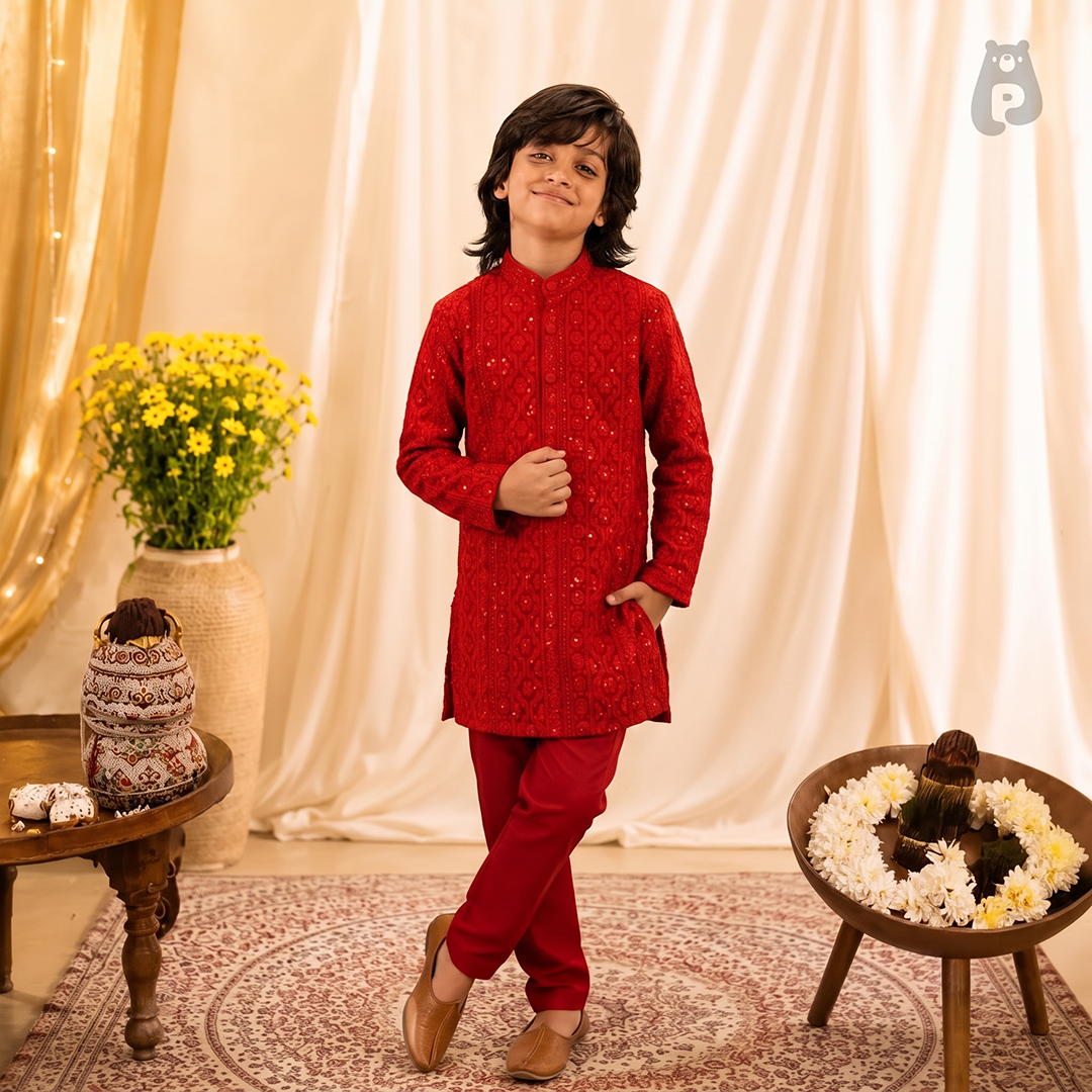 Boys Red Lucknowi Embroidered Janmashtami Kurta Set