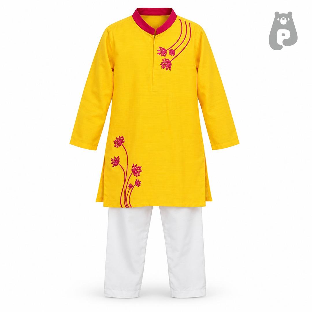 Boys Yellow Kurta with Off-White Pants Set