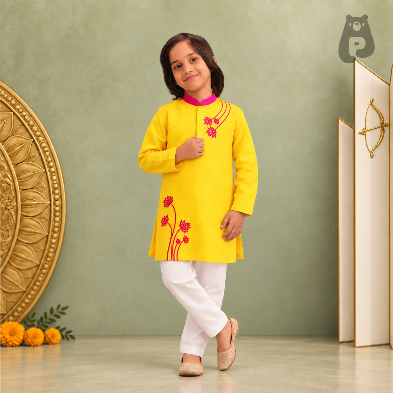 Boys Yellow Kurta with Off-White Pants Set