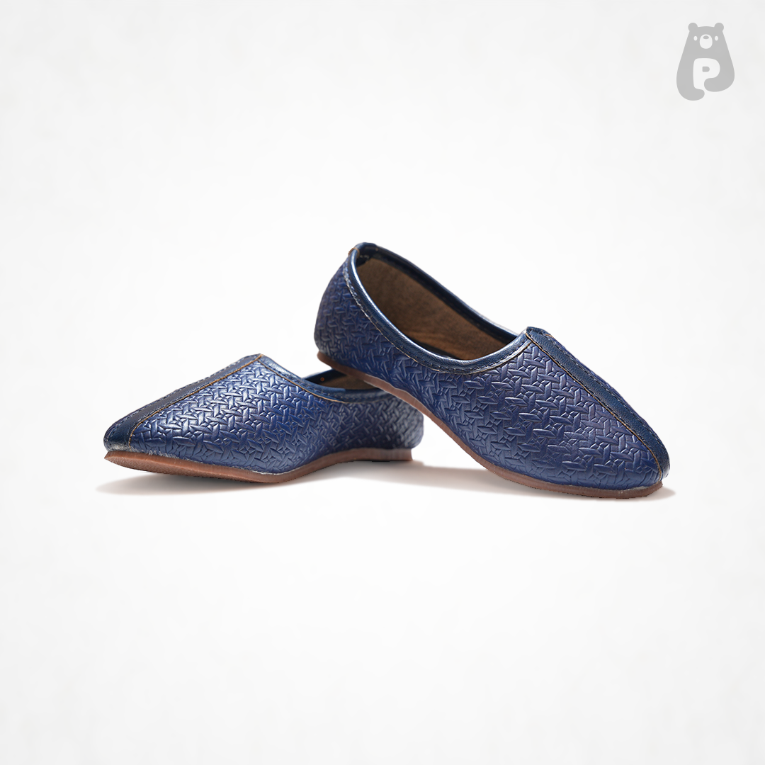 Boys navy blue woven jutti with textured threadwork and tonal detailing