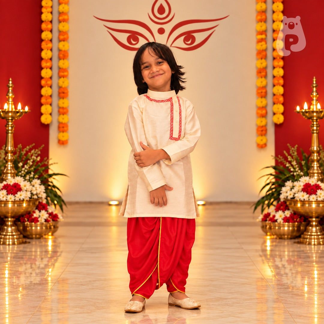 Boys white and red dhoti kurta set