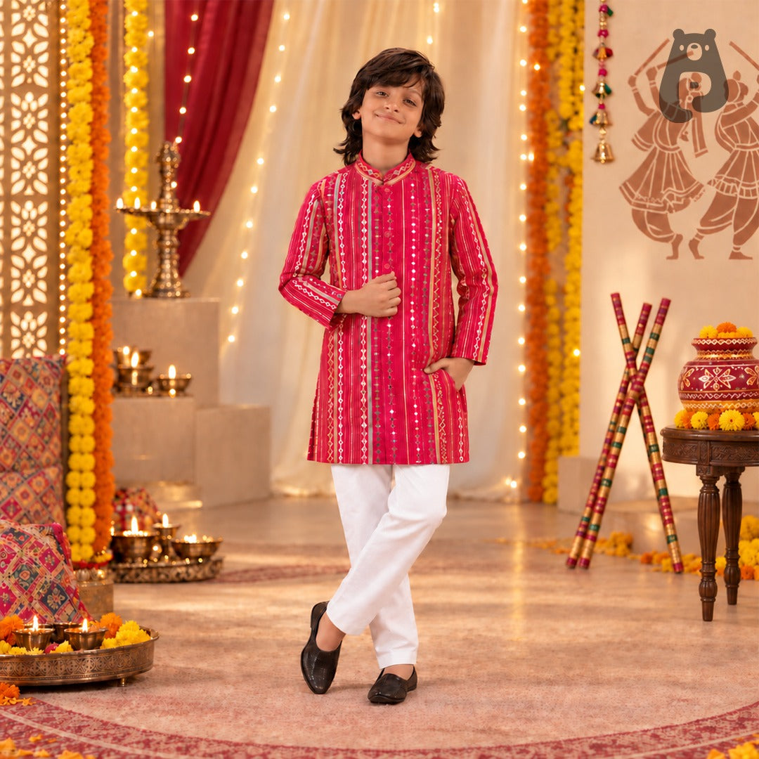 Boys pink embroidered kurta with white pants