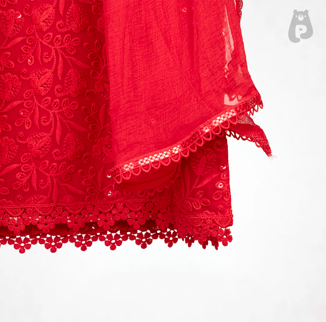 Girls Festive Red Lucknowi Embroidered Palazzo Set with Dupatta