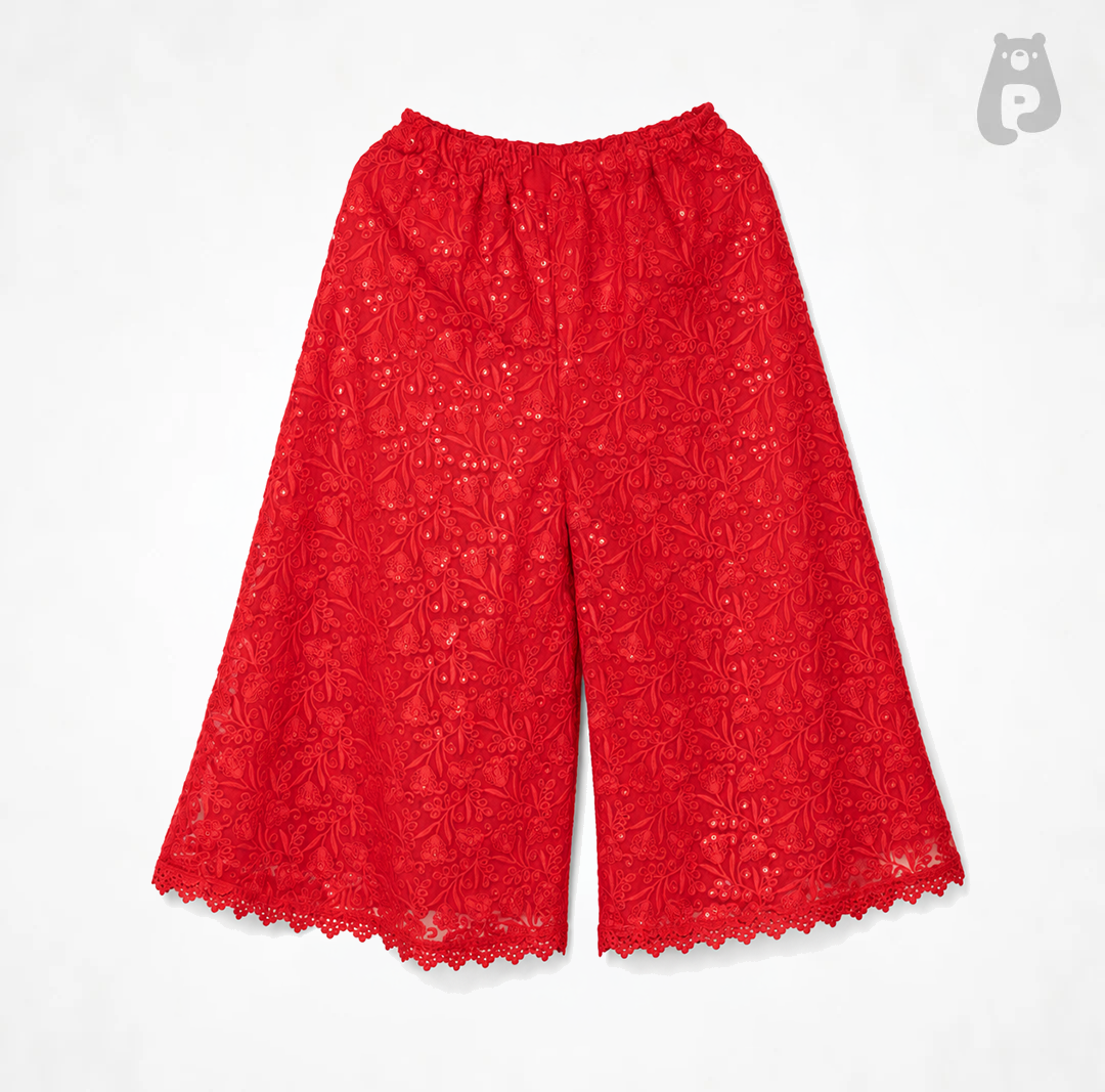 Girls Festive Red Lucknowi Embroidered Palazzo Set with Dupatta