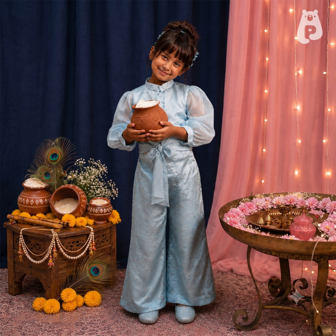 Girls Blue Embroidered Janmashtami Co-Ord Set