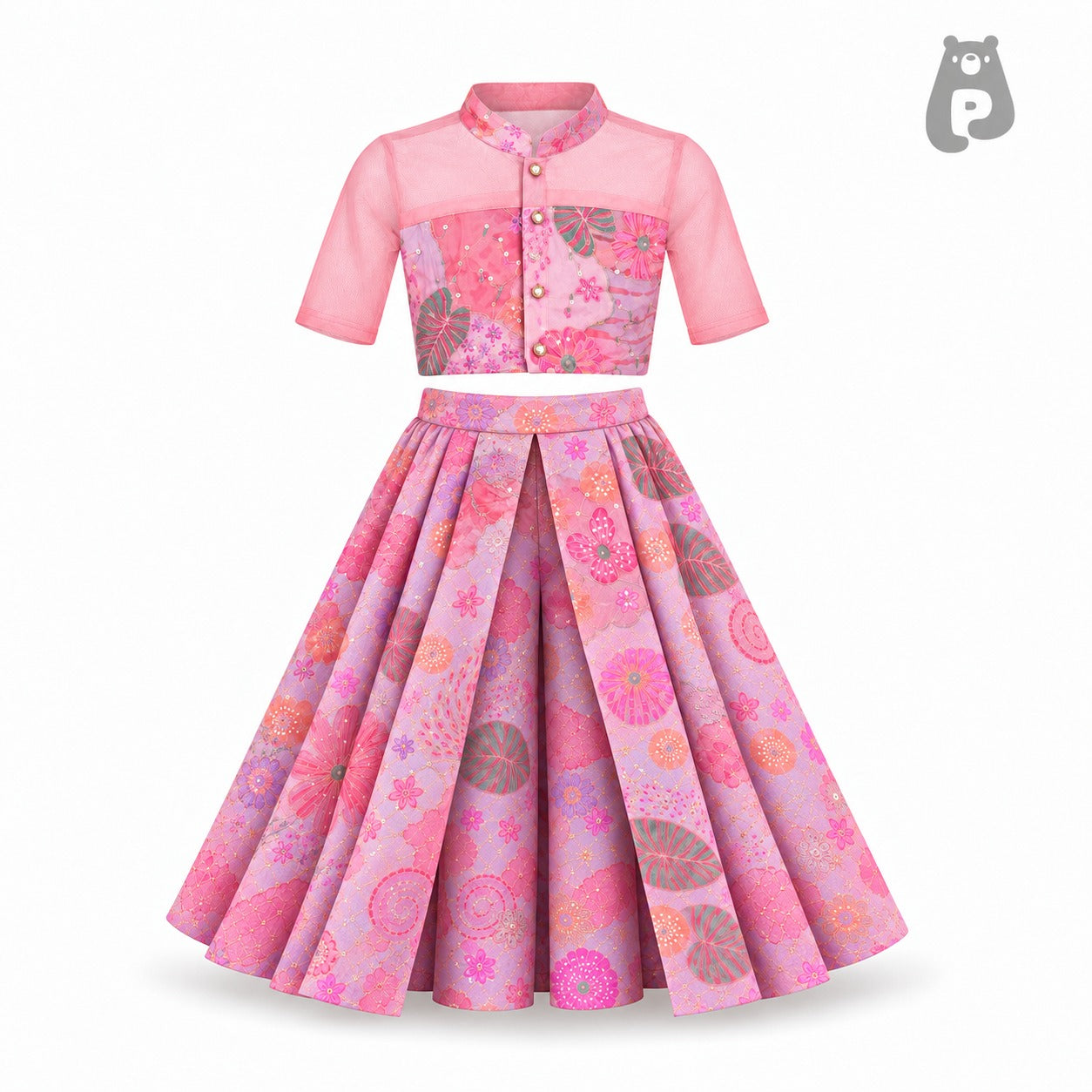Pink Floral Embroidered Crop Top Flared Skirt