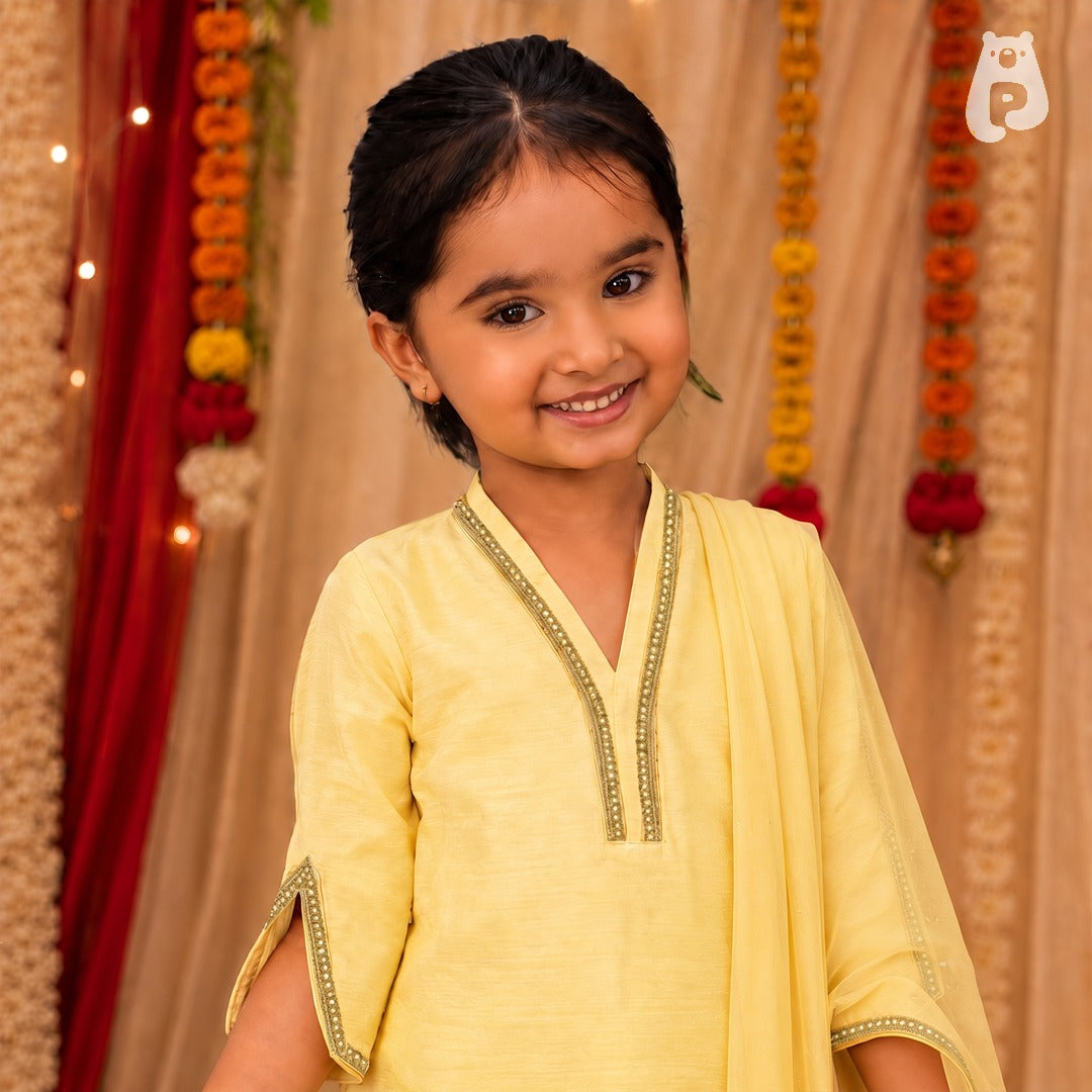 Girls Butter Yellow Kurta Garara Set with Dupatta
