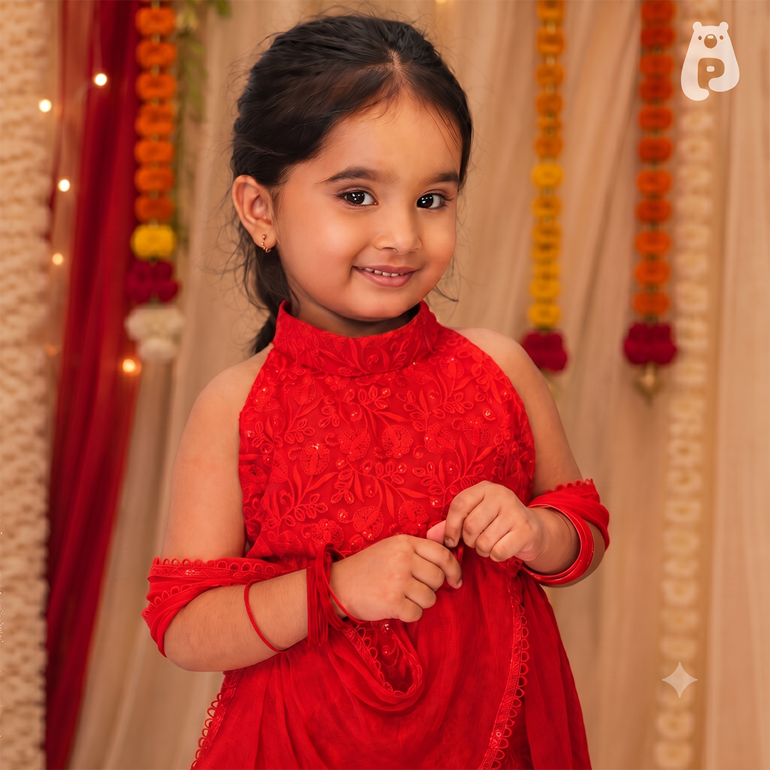 Girls Festive Red Lucknowi Embroidered Palazzo Set with Dupatta