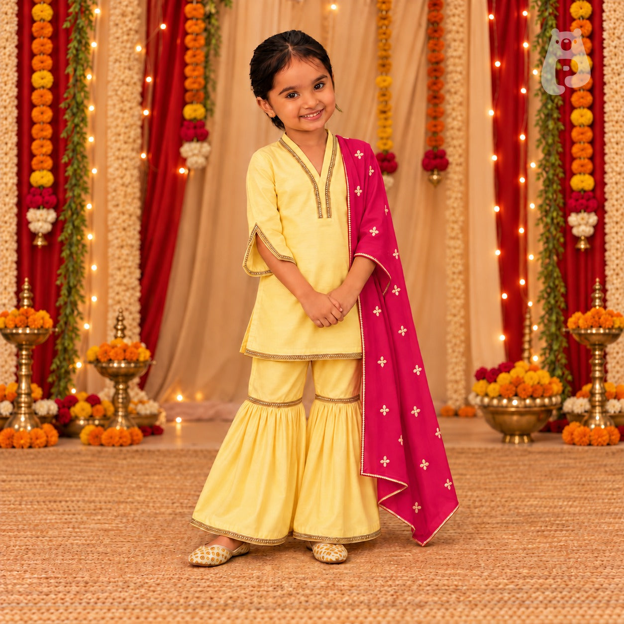 Girls Butter Yellow Kurta Garara Set with Dupatta