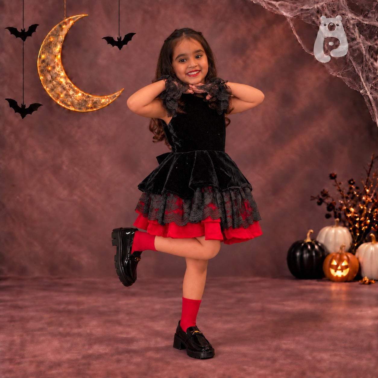 Girls Gothic Fairy Costume with Wings - Black & Red