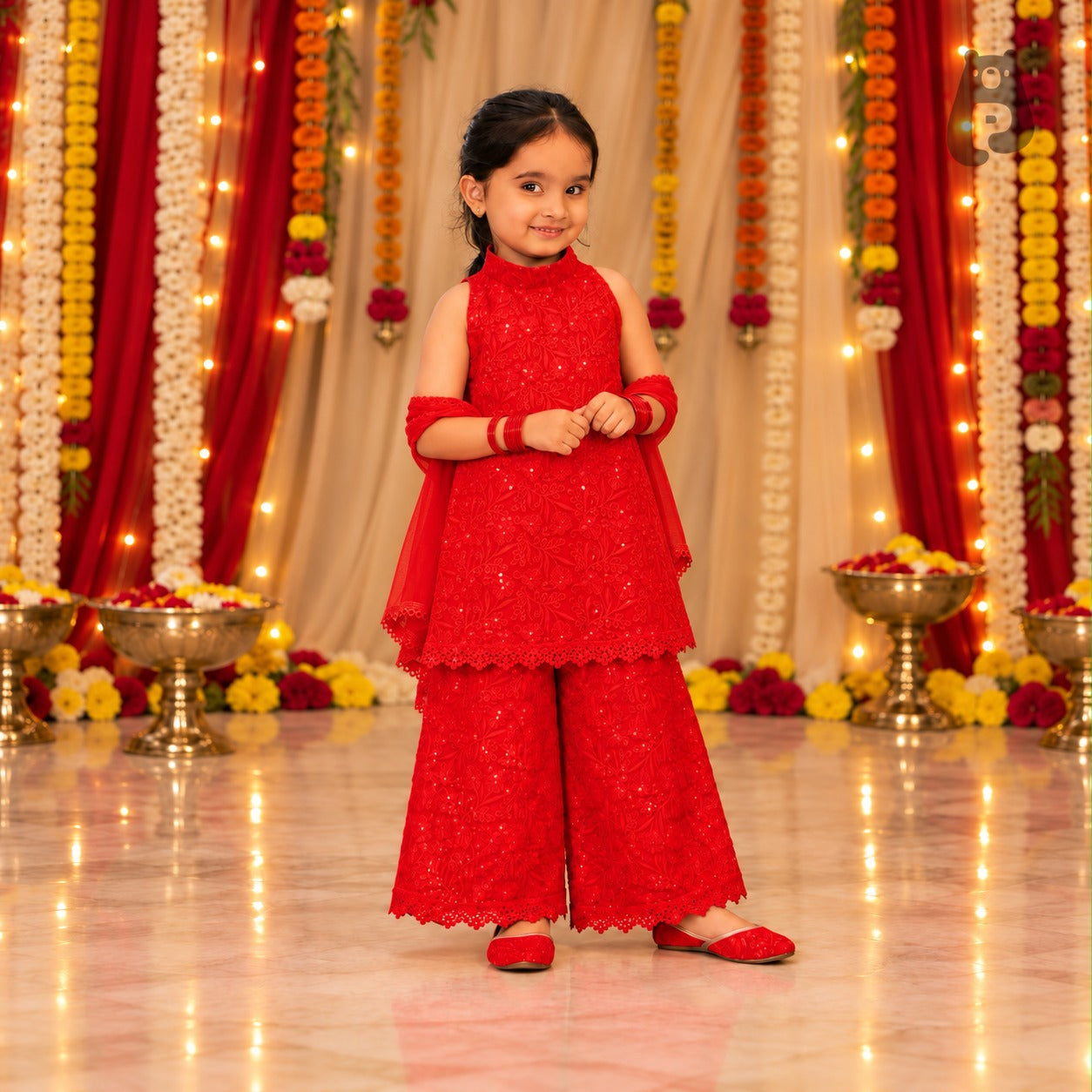 Girls Red Lucknowi Sharara Set with Dupatta