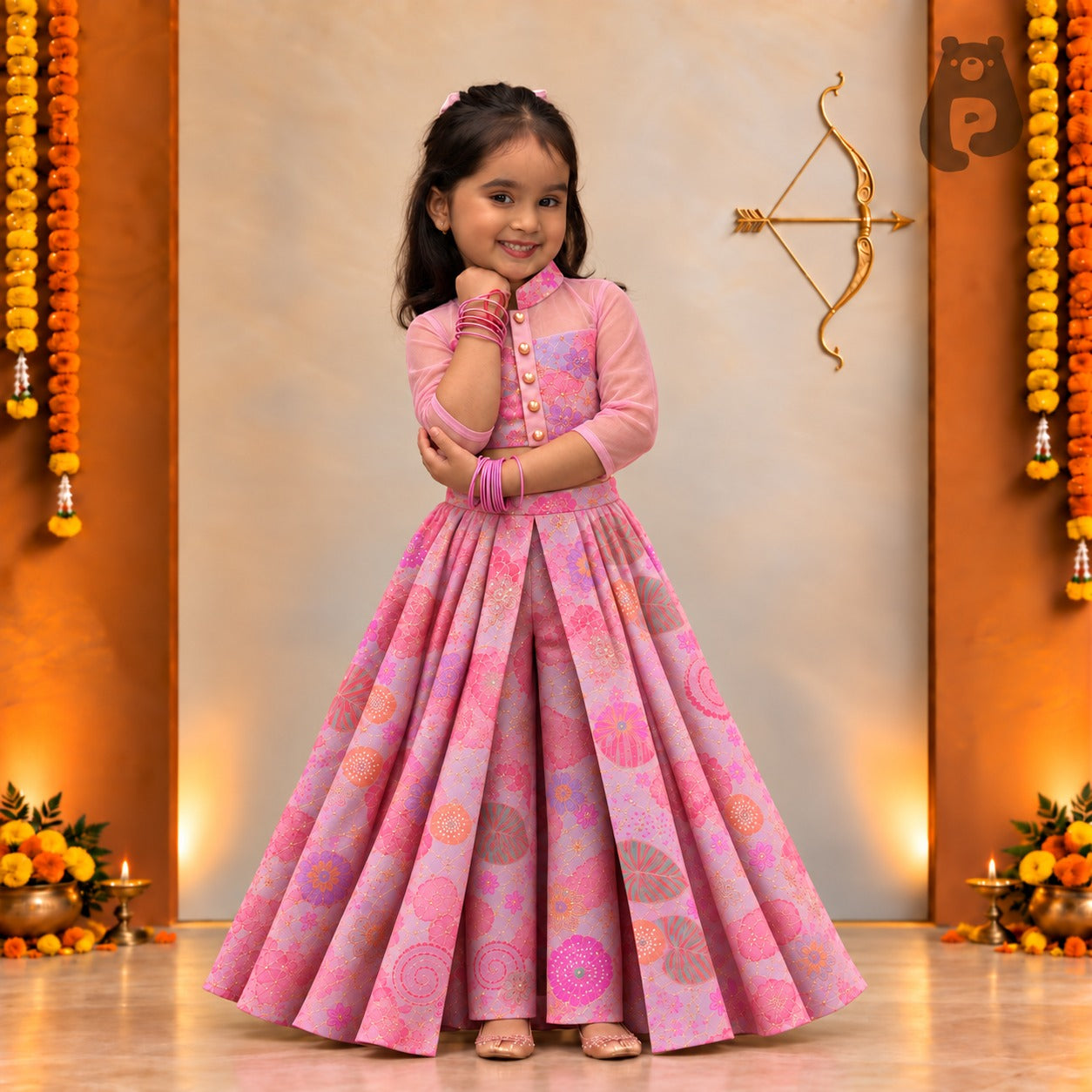 Girls blush pink floral embroidered ethnic outfit