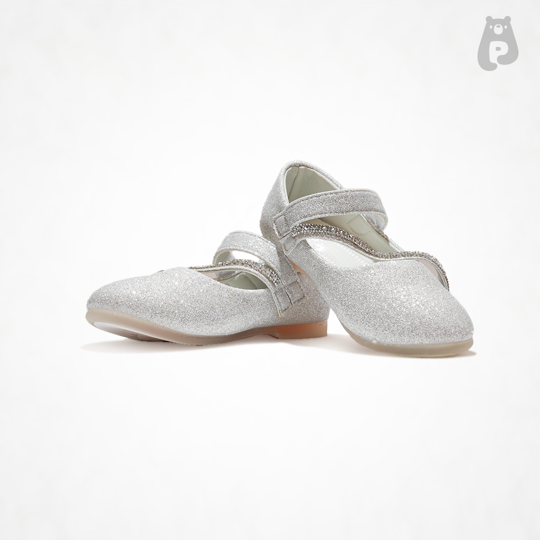 Girls silver and white glitter ballerina shoes with crystal crossover straps