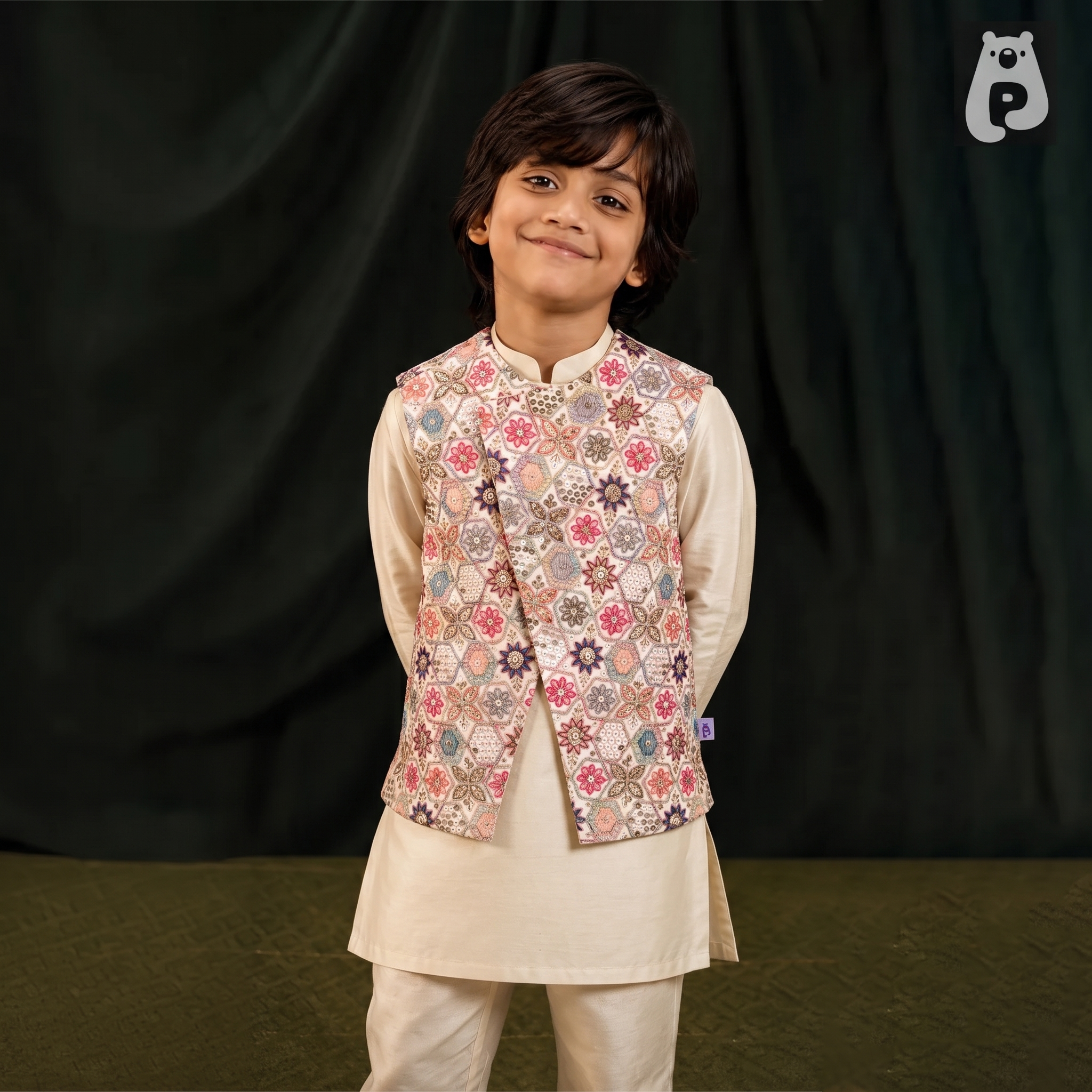 Elegant Prince - Ivory Kurta Pajama with Floral Nehru Jacket