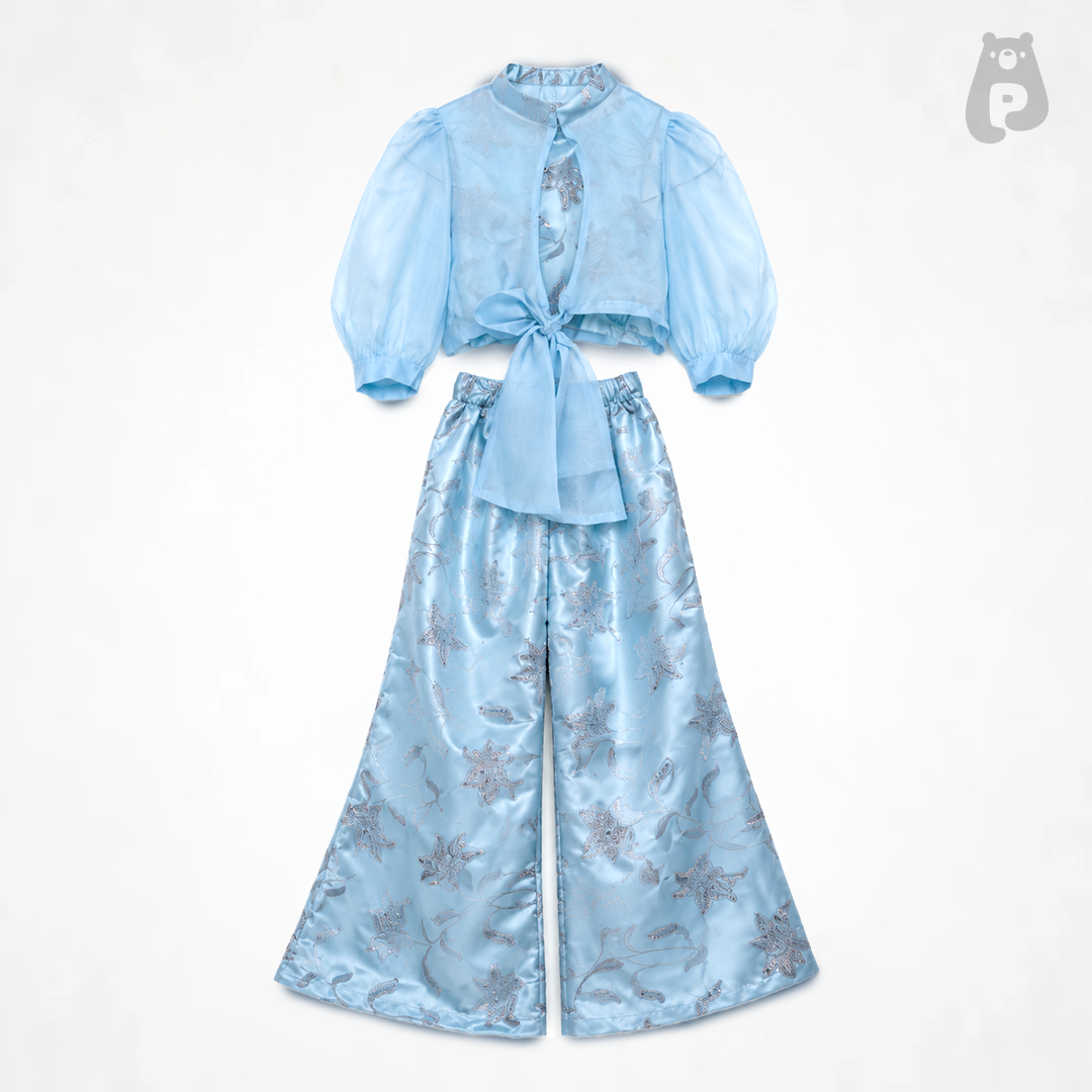 Girls Blue Embroidered Janmashtami Co-Ord Set