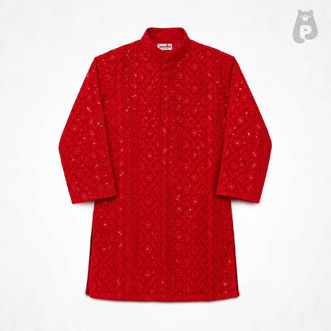 Boys Red Lucknowi Embroidered Janmashtami Kurta Set