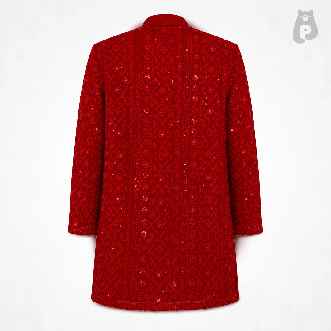 Boys Red Lucknowi Embroidered Janmashtami Kurta Set