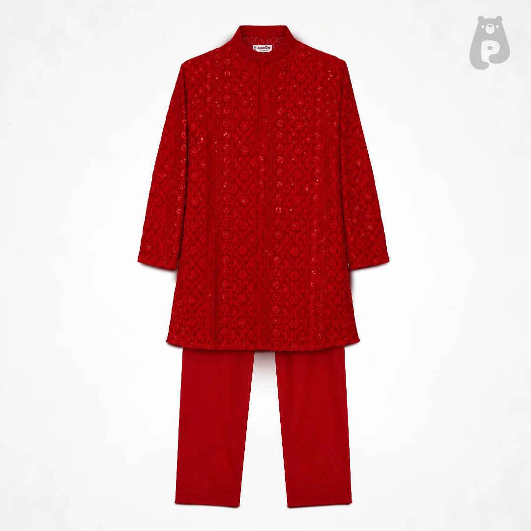 Boys Red Lucknowi Embroidered Janmashtami Kurta Set