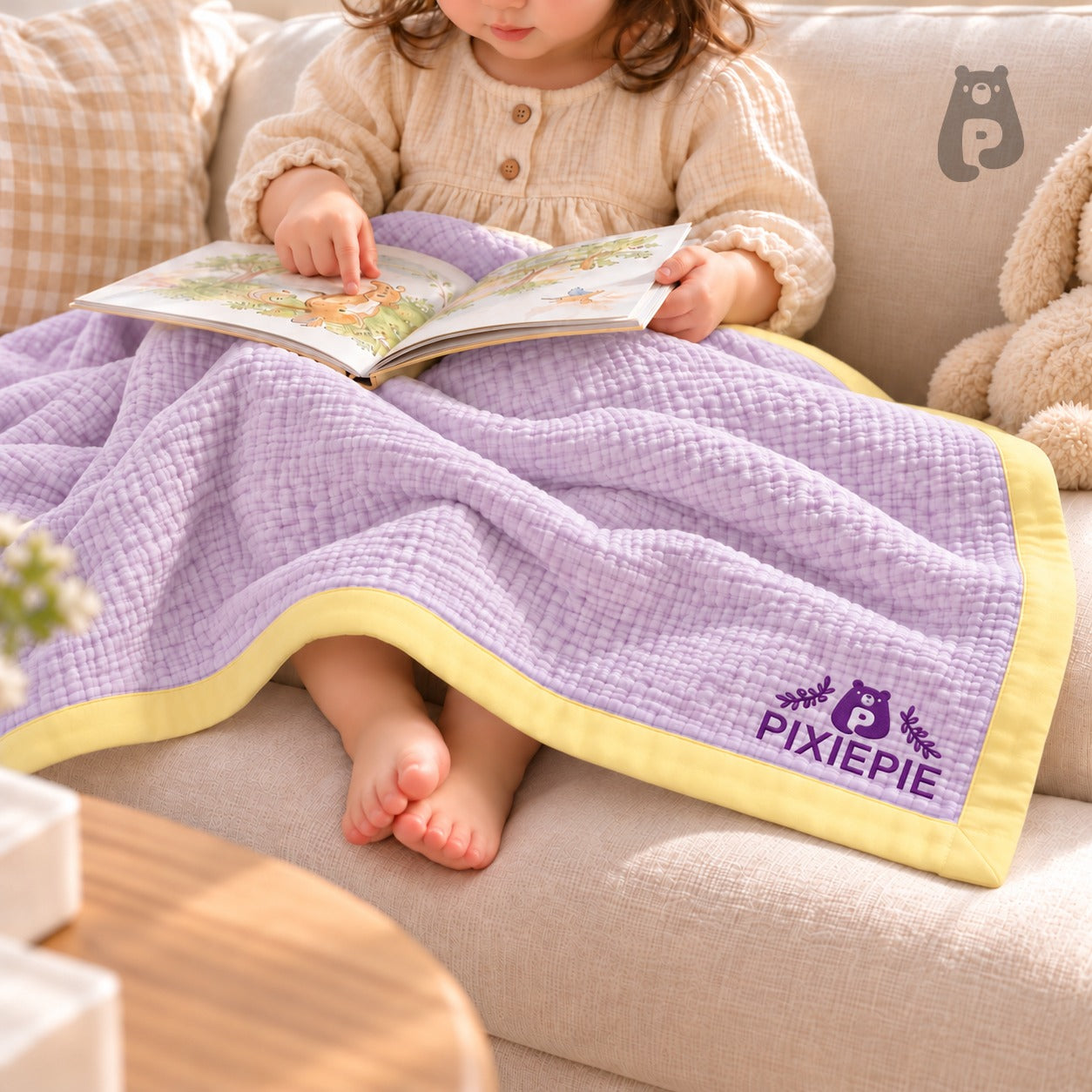 Lavender Cotton Baby Blanket with Yellow Border