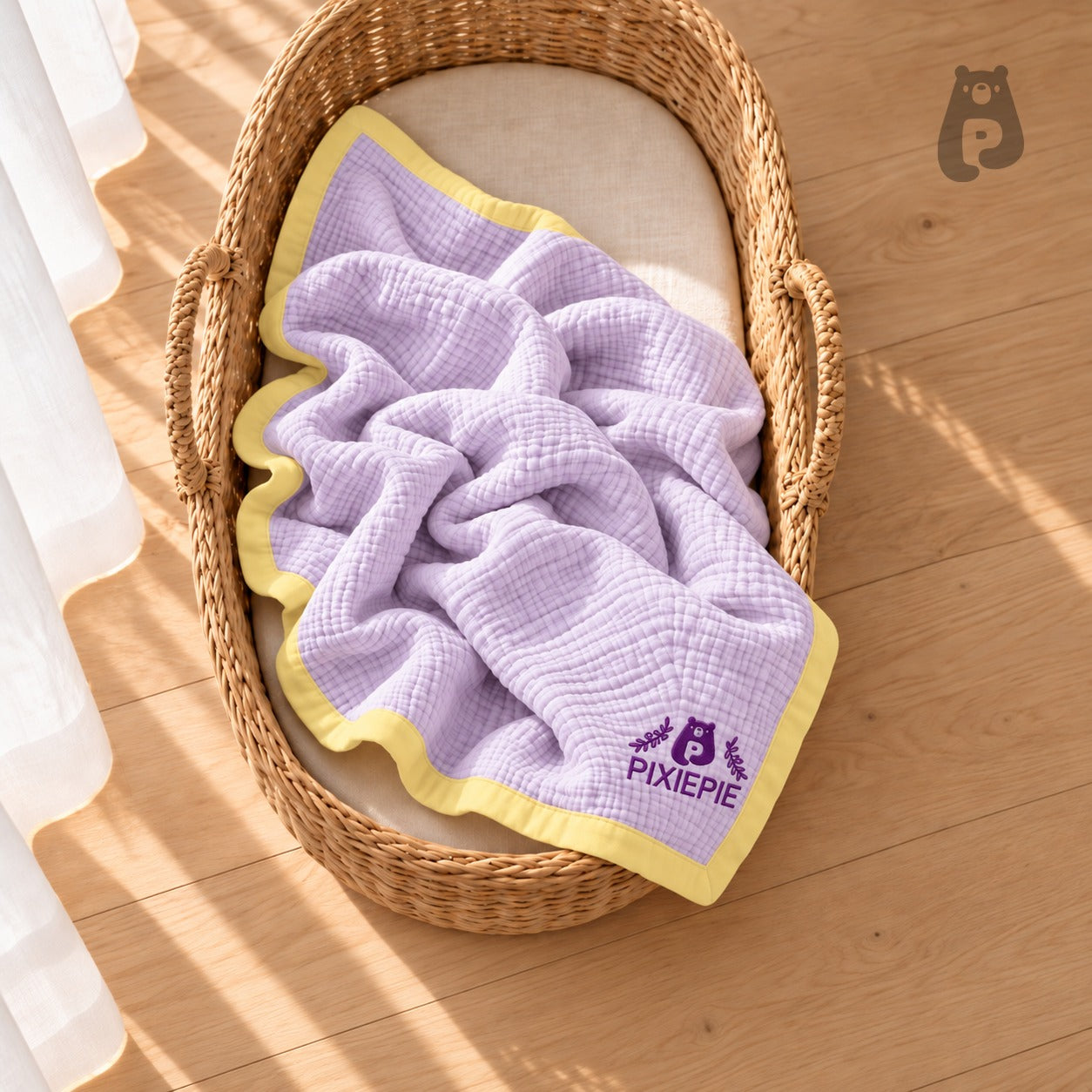 Lavender Cotton Baby Blanket with Yellow Border