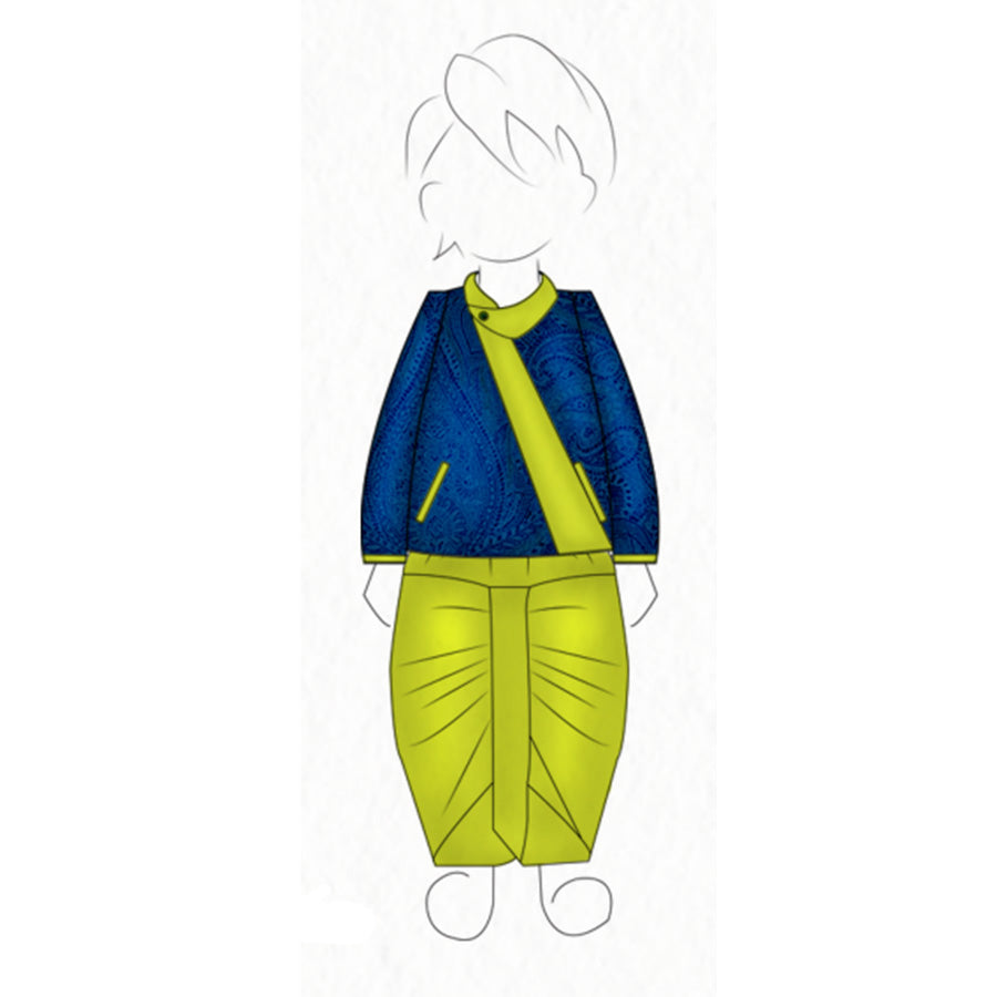 Navy Velvet Jacket with Green Cotton Silk Dhoti