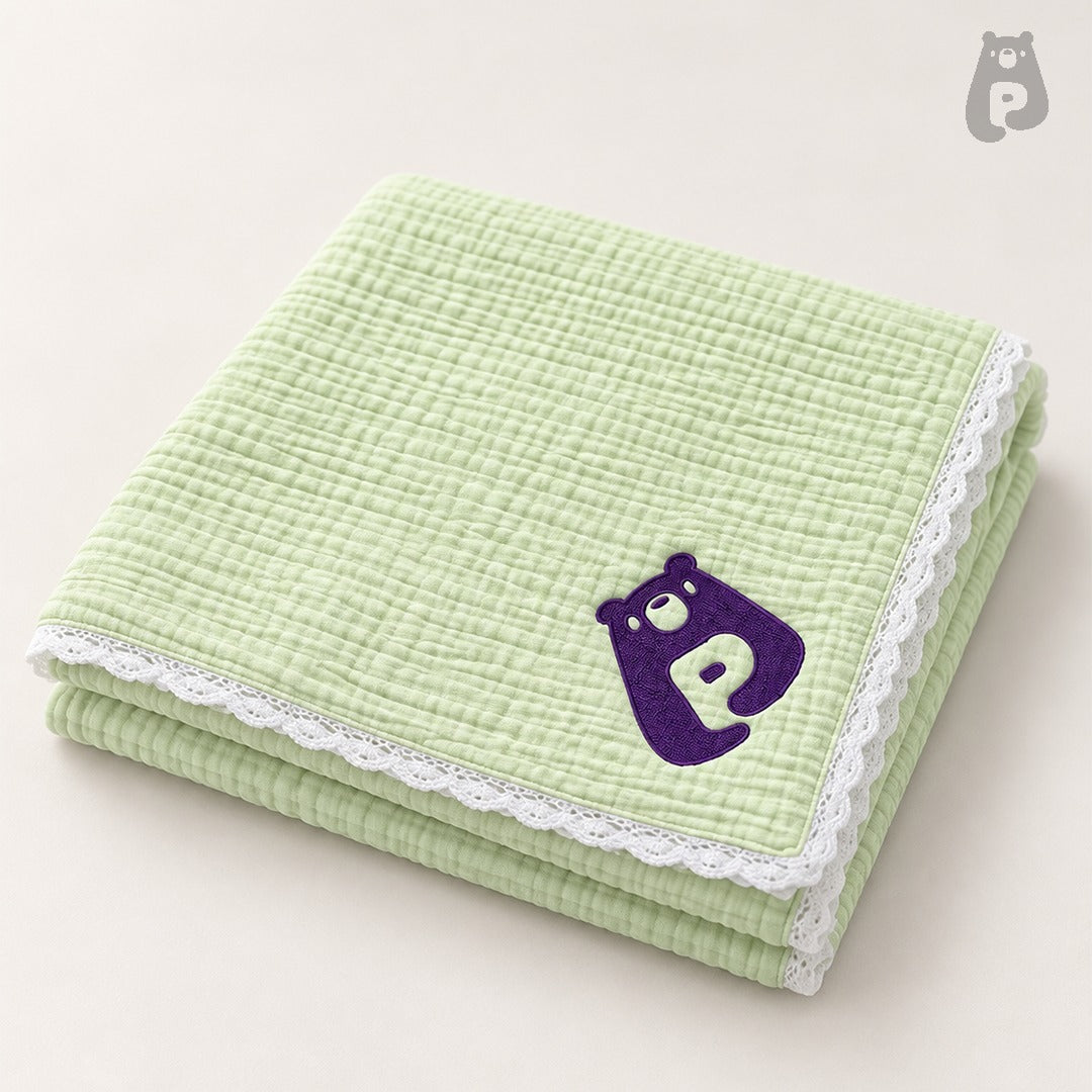 Pastel Green Cotton Baby Blanket with White Lace Border