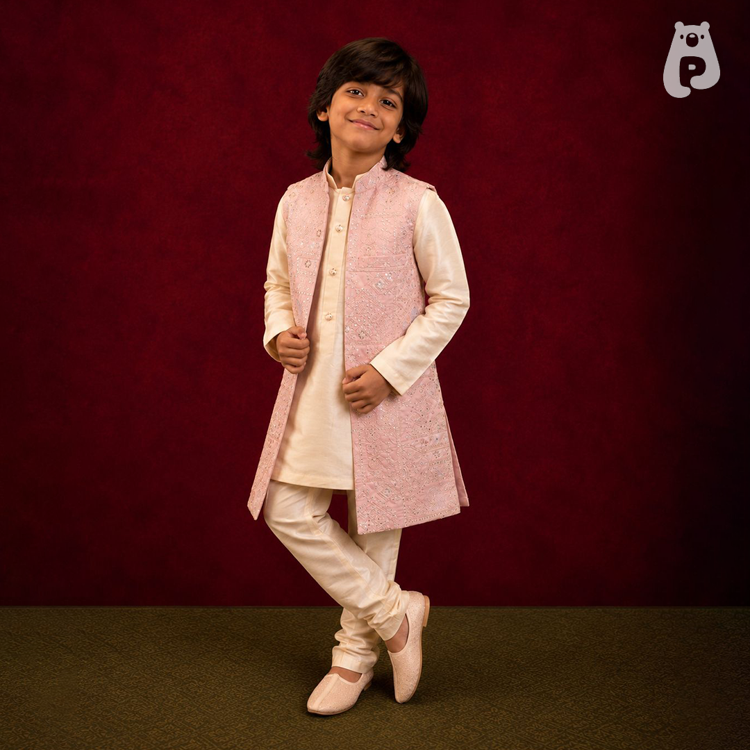 Pink Embroidered Long Waistcoat Kurta Set for Boys
