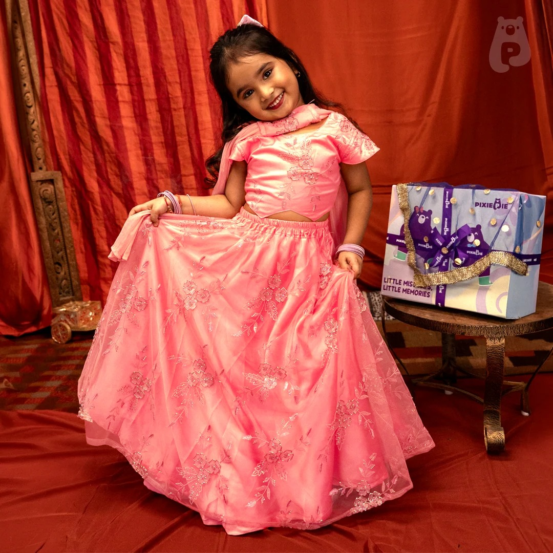 Girls Mauve Pink Embroidered Lehenga Choli Set with Dupatta