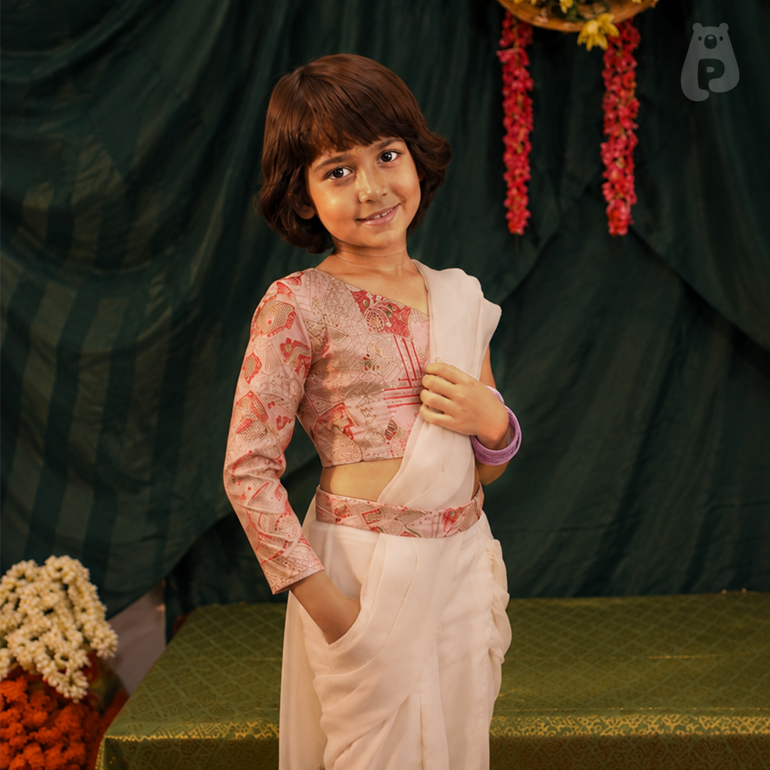 Pleated Fairy - Ivory Draped Lehenga Set for Girls