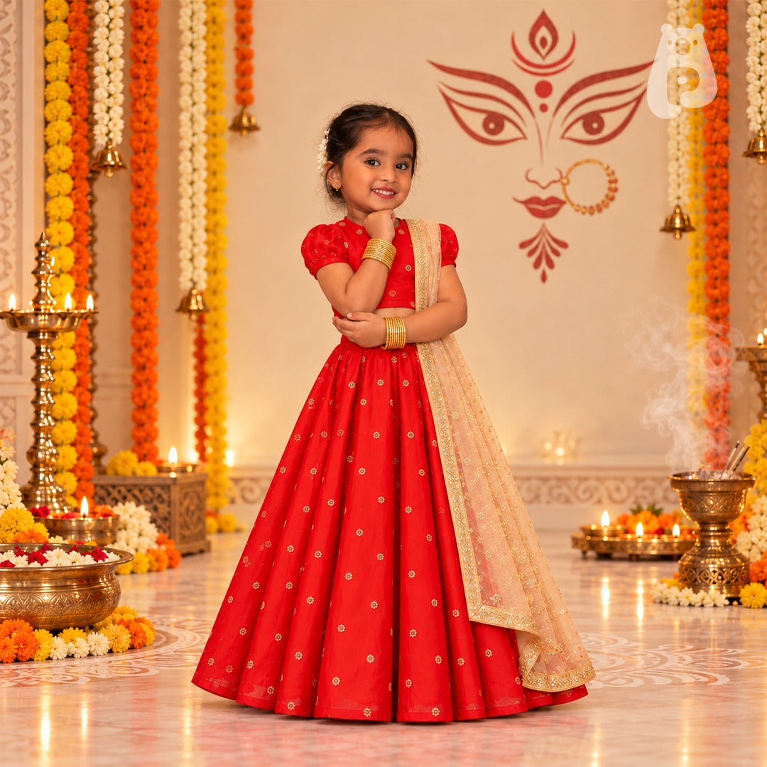 Red Cotton Silk Lehenga Set with Dupatta for Girls