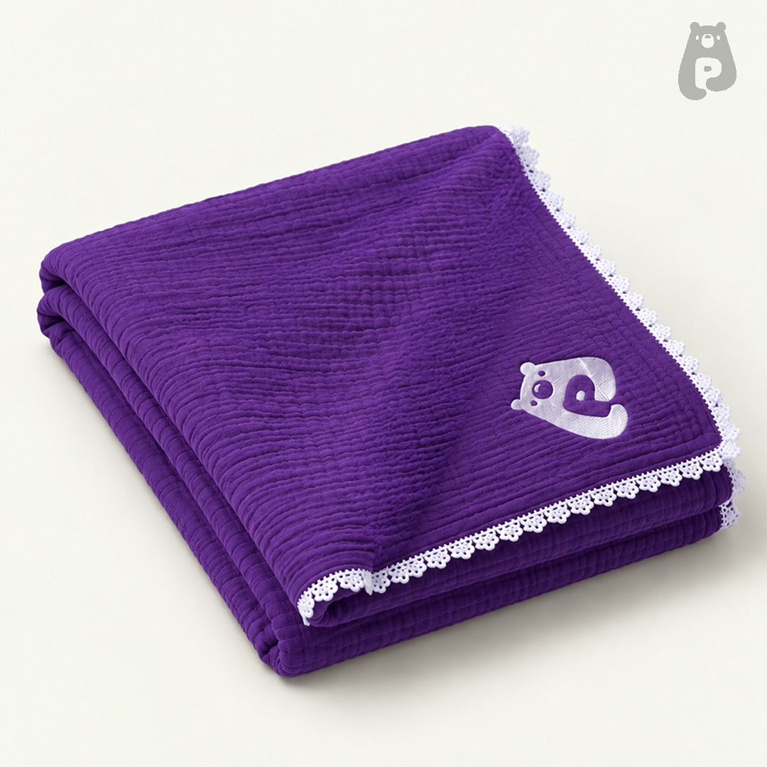 Rich Purple Cotton Baby Blanket with White Lace Border