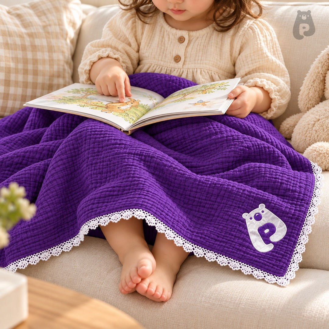 Rich Purple Cotton Baby Blanket with White Lace Border