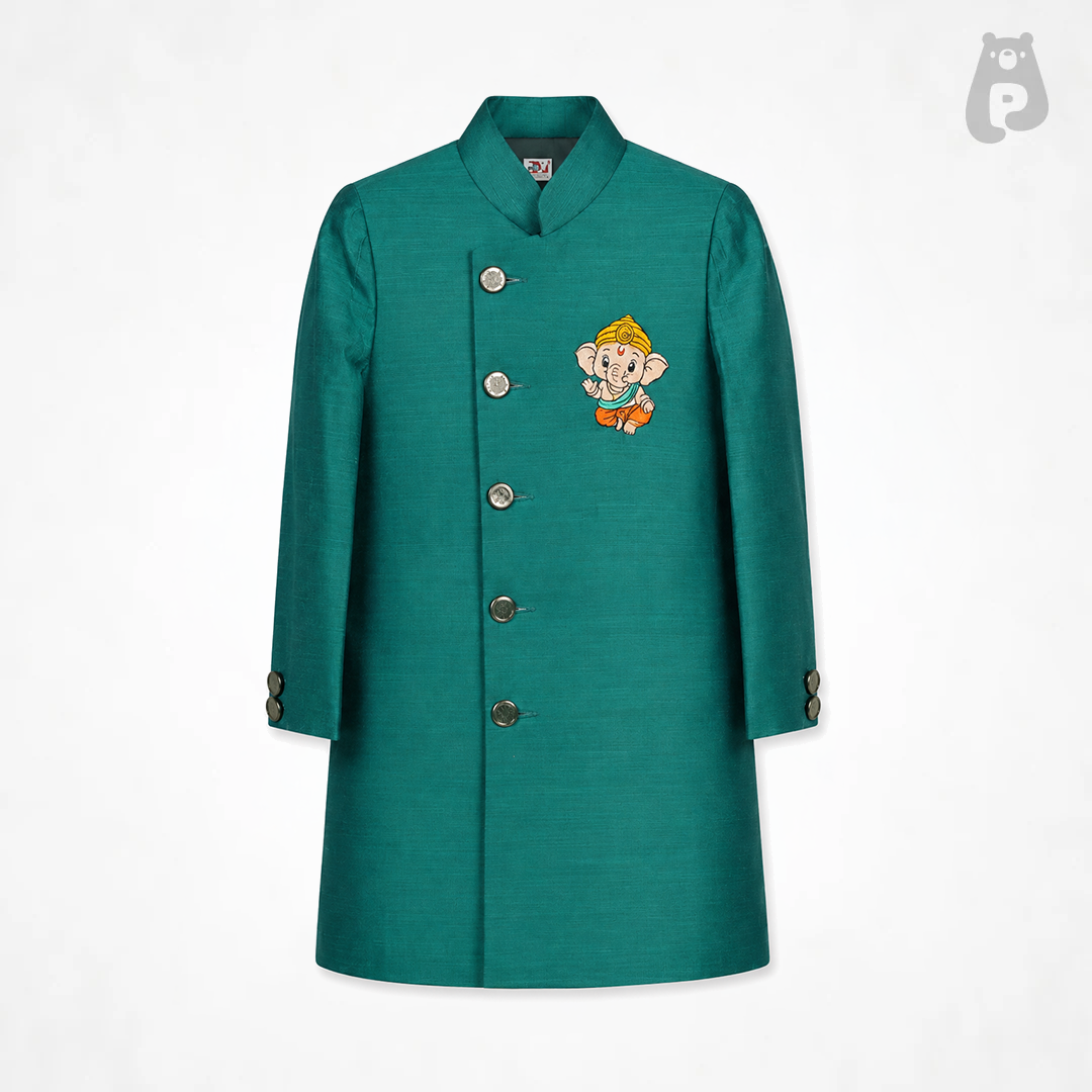 Boys Emerald Green Ganesh Embroidered Sherwani Set