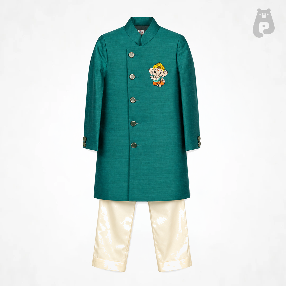Boys Emerald Green Ganesh Embroidered Sherwani Set