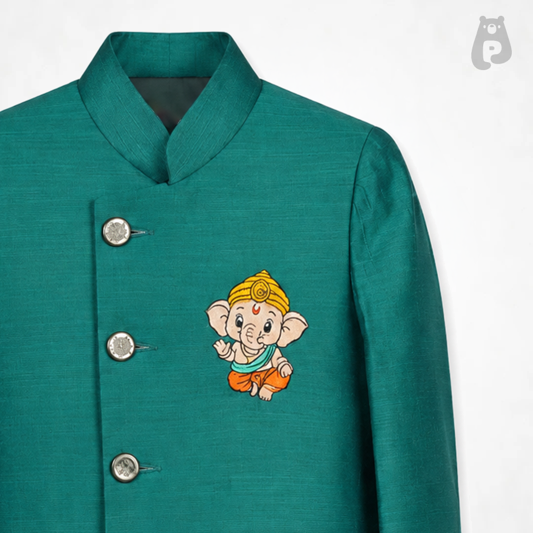 Boys Emerald Green Ganesh Embroidered Sherwani Set