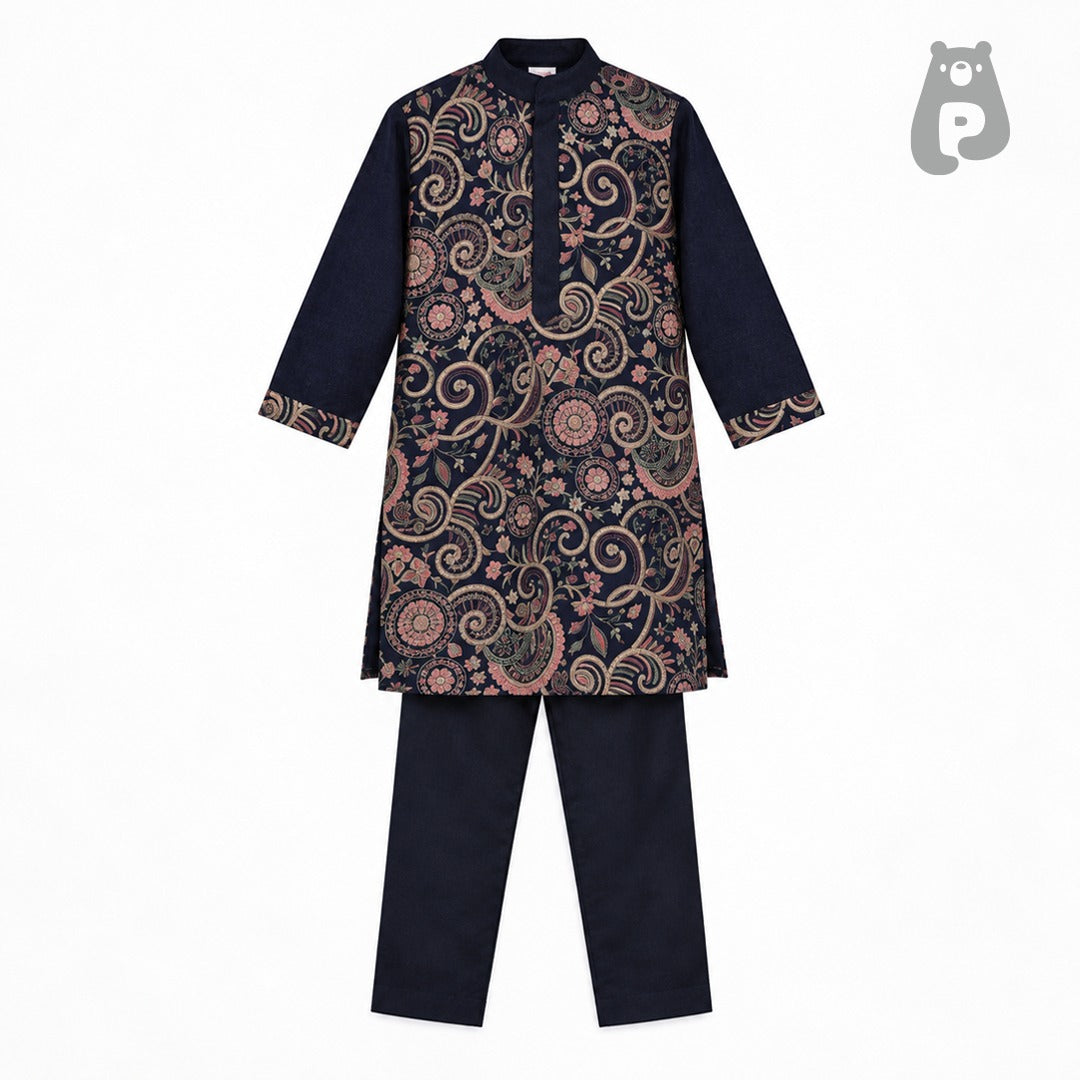 Blue Embroidered Velvet Sherwani Set for Boys