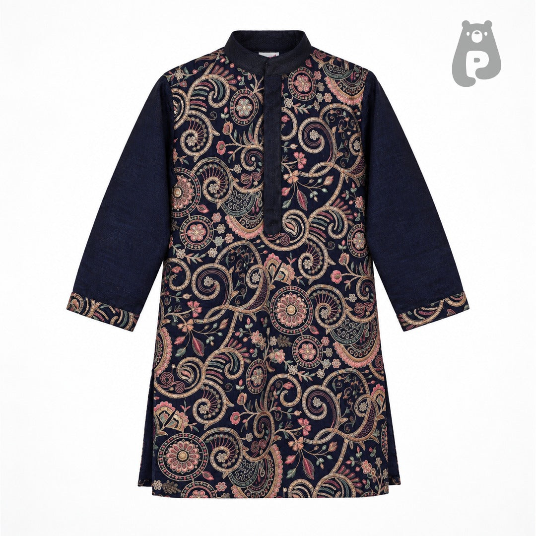 Blue Embroidered Velvet Sherwani Set for Boys