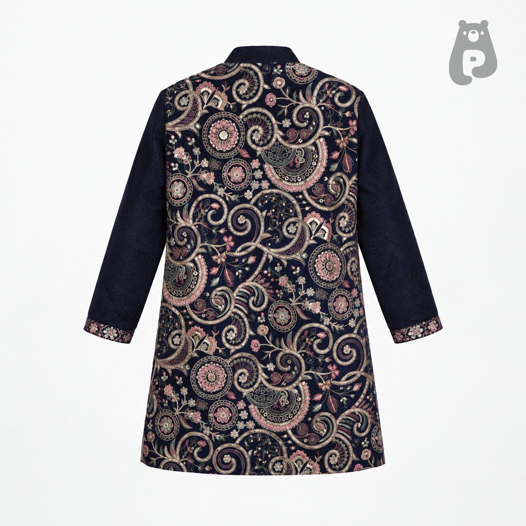 Blue Embroidered Velvet Sherwani Set for Boys